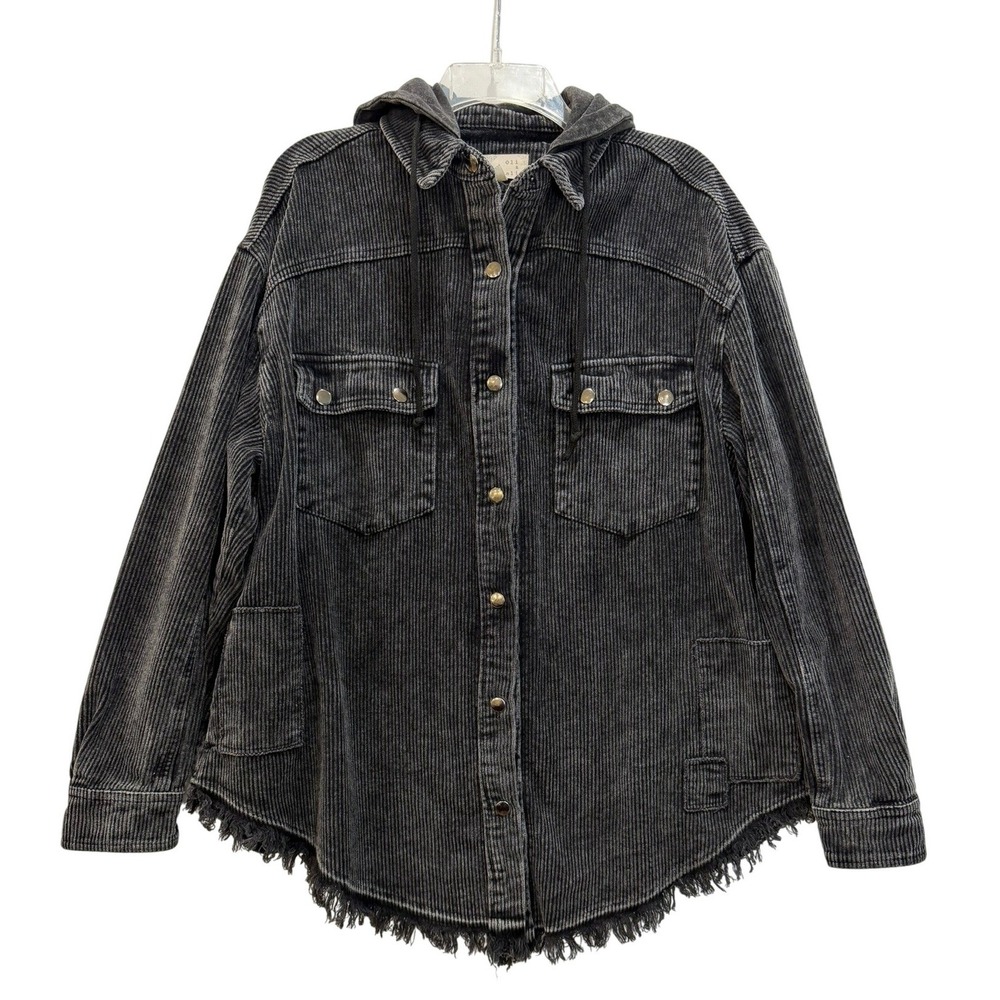 Oli & Hali Charcoal Gray Corduroy Hooded Shacket Frayed Hem Acid Wash Jacket L